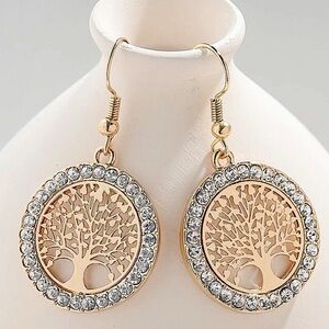 Gold 18K GP Rhinestone Drop Tree of Life Earrings